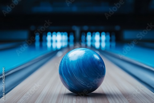 Blue Bowling Ball on Lane - Bowling alley, blue sphere, wood lane, pins blurred, leisure sport. Symbolizes fun, competition, skill, precision, and entertainment.