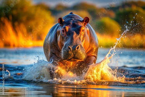 Aggressive Hippo Charging in Chobe River, Botswana - Wildlife Stock Photo