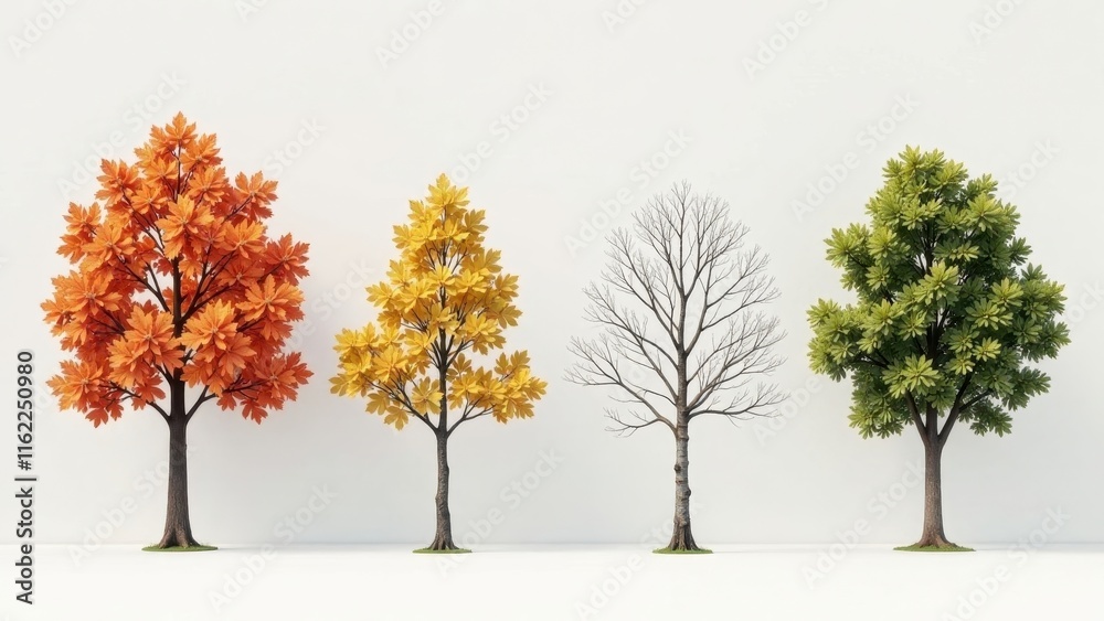 A vibrant depiction of seasonal tree foliage transitions showcasing the autumnal blaze, the golden hue of fall, winter's barren branches, and the refreshing greenery of spring.