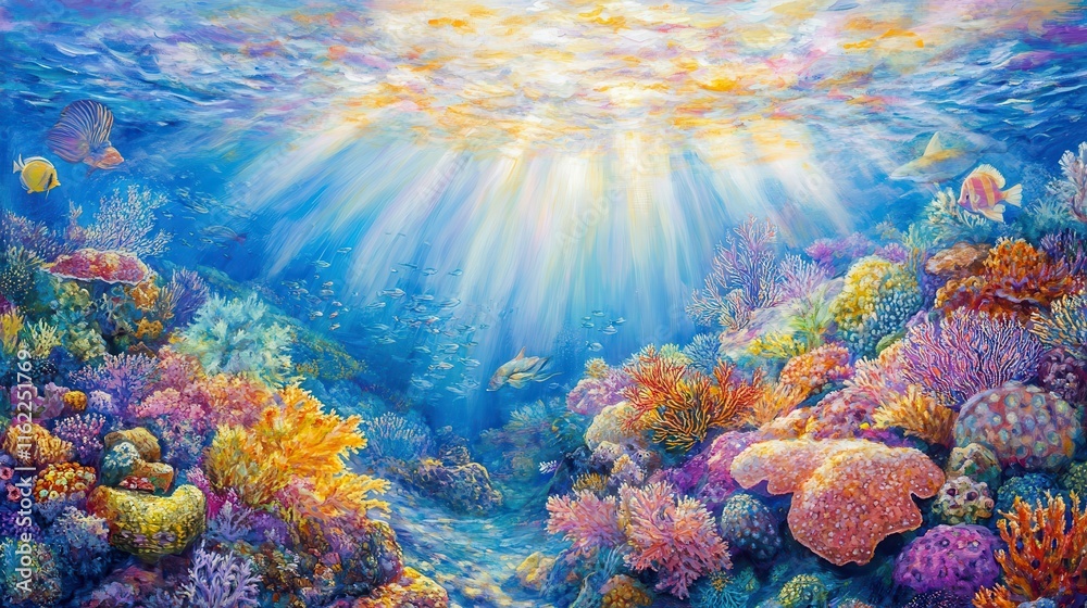 Naklejka premium Artistic Coral Reef Scene with Sunlight Filtering Through Water