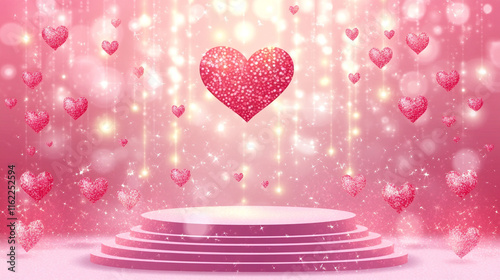 Happy valentines day and stage podium decorated with heart shape. pedestal scene with for product, cosmetic, advertising, show, award ceremony, on pink background and light. vector design.