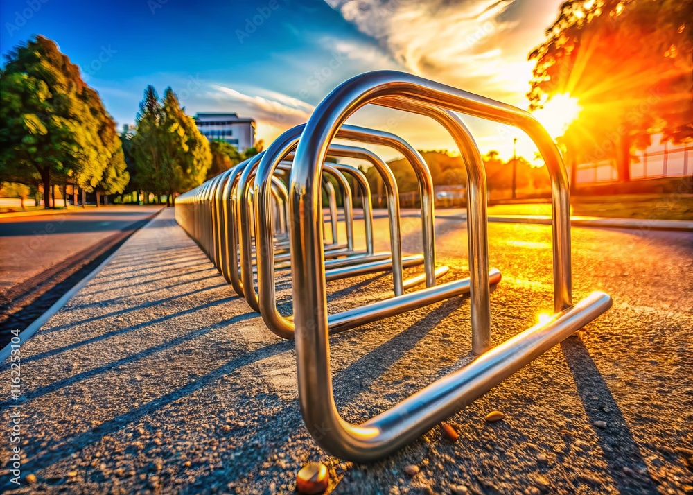 Empty Bicycle Parking Lot Close-Up: Sunlit Asphalt and Metal Racks Empty Bicycle Parking Lot Close-Up: Sunlit Asphalt and Metal Racks