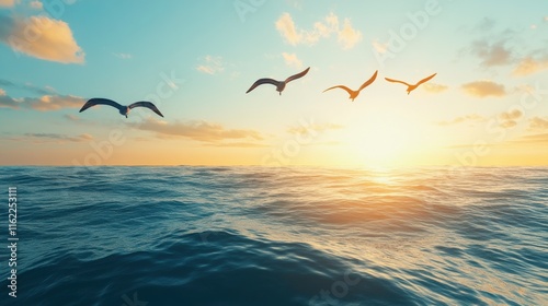 Birds Soaring Above the Open Ocean at Sunrise
