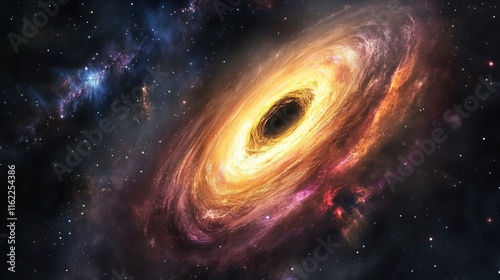 A gigantic black hole with swirling space debris, intense gravitational forces, cosmic colors in deep space