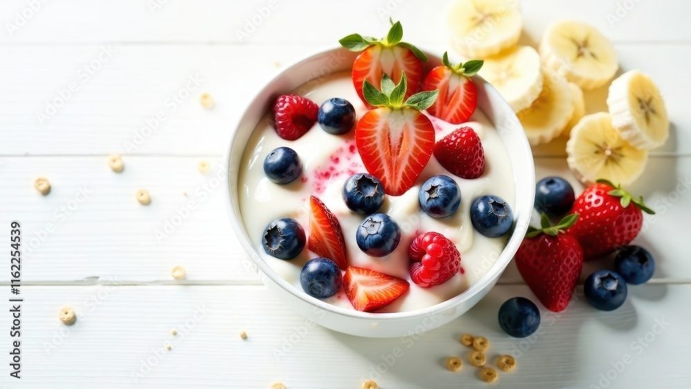 Creamy Yogurt Bowl with Fresh Berries and Banana Slices A Delicious and Healthy Breakfast or Snack Option Creamy Yogurt Bowl with Fresh Berries and Banana Slices A Delicious and Healthy Breakfast or Snack Option