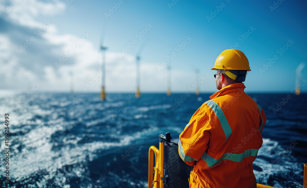 Two engineers in protective gear monitor offshore wind turbines, reflecting the high-level skills and commitment essential for marine environment maintenance. Two engineers in protective gear monitor offshore wind turbines, reflecting the high-level skills and commitment essential for marine environment maintenance.