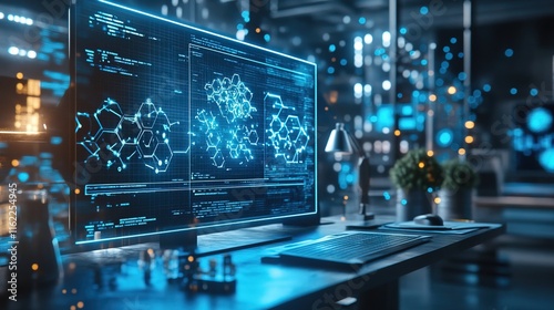 Wallpaper Mural A futuristic workspace with holograms showing complex molecular structures, ambient lighting Torontodigital.ca