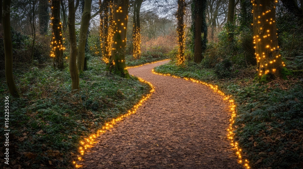 Fototapeta premium Enchanting Forest Path Illuminated By Fairy Lights
