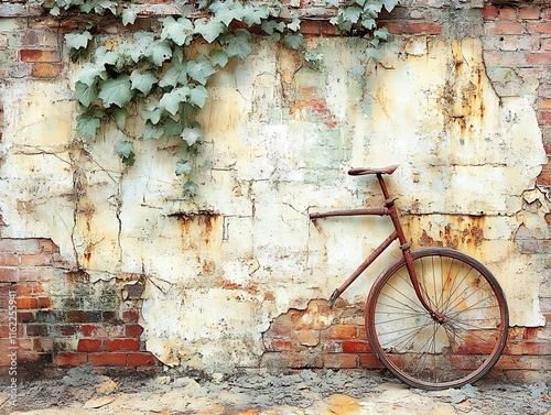 Rusty Bicycle Leaned Against Weathered Brick Wall photo