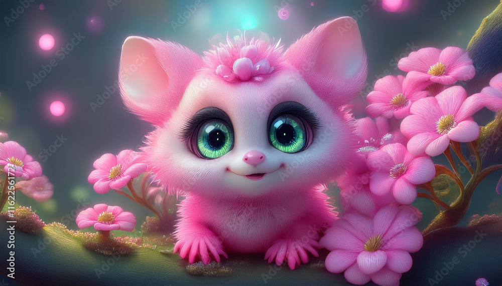 Enchanting close-up of a whimsical character with large expressive eyes surrounded by pink petals, symbolizing creativity, curiosity, and innovation—ideal for engaging corporate campaigns Enchanting close-up of a whimsical character with large expressive eyes surrounded by pink petals, symbolizing creativity, curiosity, and innovation—ideal for engaging corporate campaigns