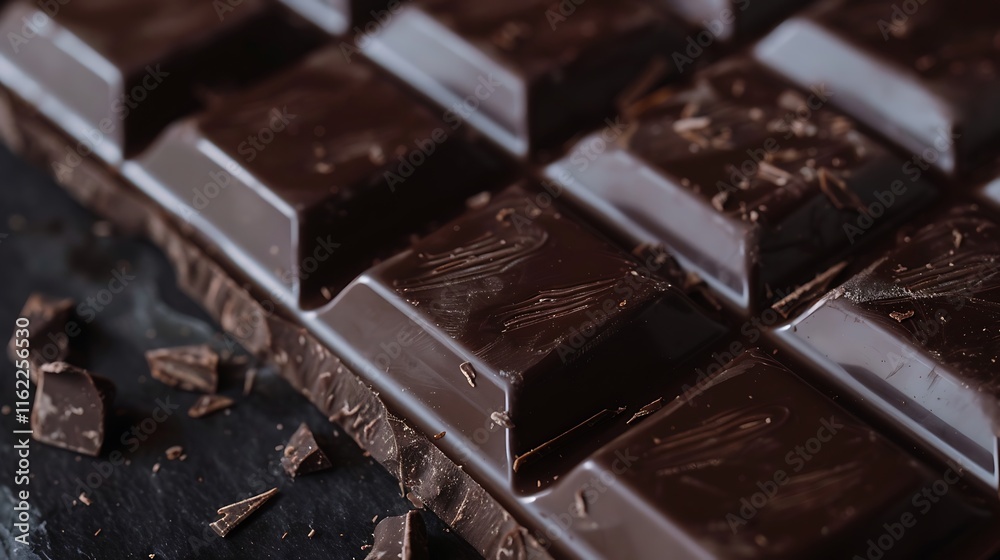 A close-up of dark chocolate bars arranged on a slate surface.
