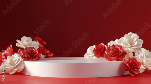 Abstract empty white podium, hearts and rose flowers on red background. Mock up stand for product presentation. 3D Render. St valentines day promotion concept. --ar 16:9 --v 6.1