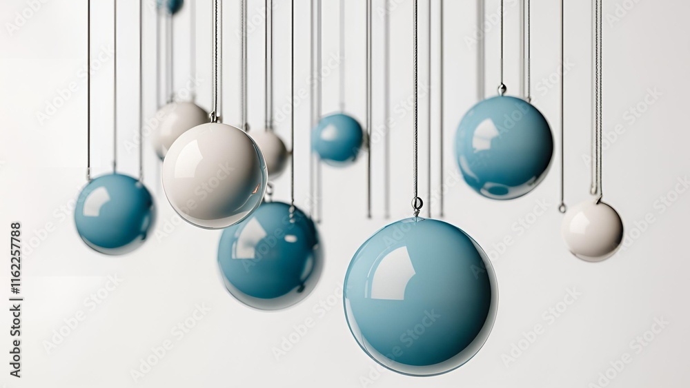 Suspended spheres depicted in a 3D graphic with a white background Suspended spheres depicted in a 3D graphic with a white background