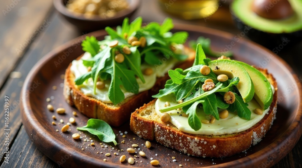 Delicious Toasted Bread with Creamy Spread, Avocado Slices, and Fresh Arugula Garnish Delicious Toasted Bread with Creamy Spread, Avocado Slices, and Fresh Arugula Garnish