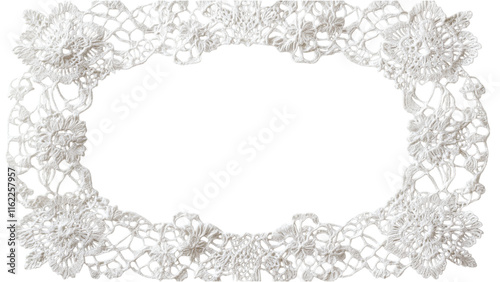 Lace Ribbon Square Frame, intricate strands of lace arranged in a delicate square design on a clean white backdrop, elegant and textured.