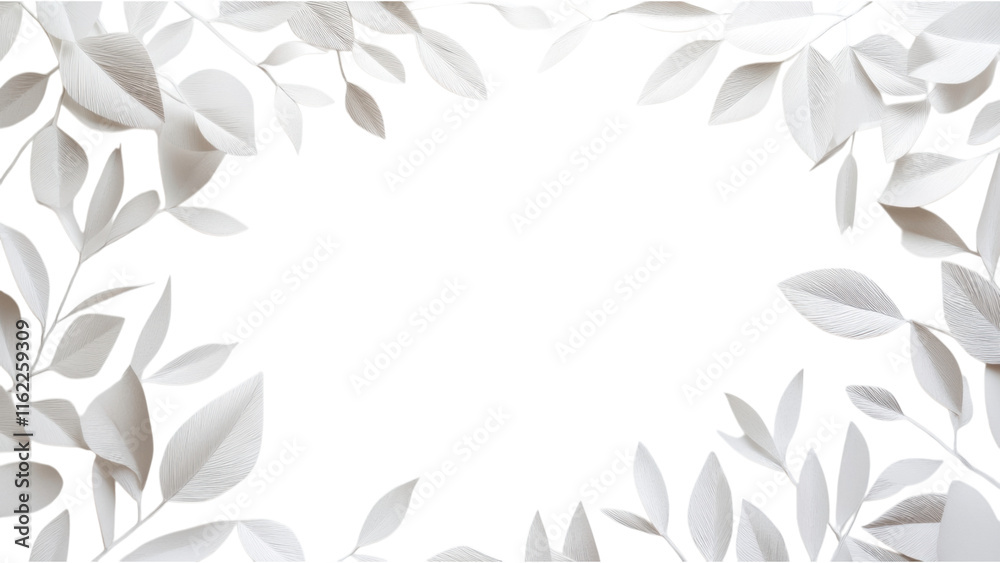 Paper leaf clusters framed in a square design, showcasing intricate textures and vibrant colors against a clean white backdrop Paper leaf clusters framed in a square design, showcasing intricate textures and vibrant colors against a clean white backdrop