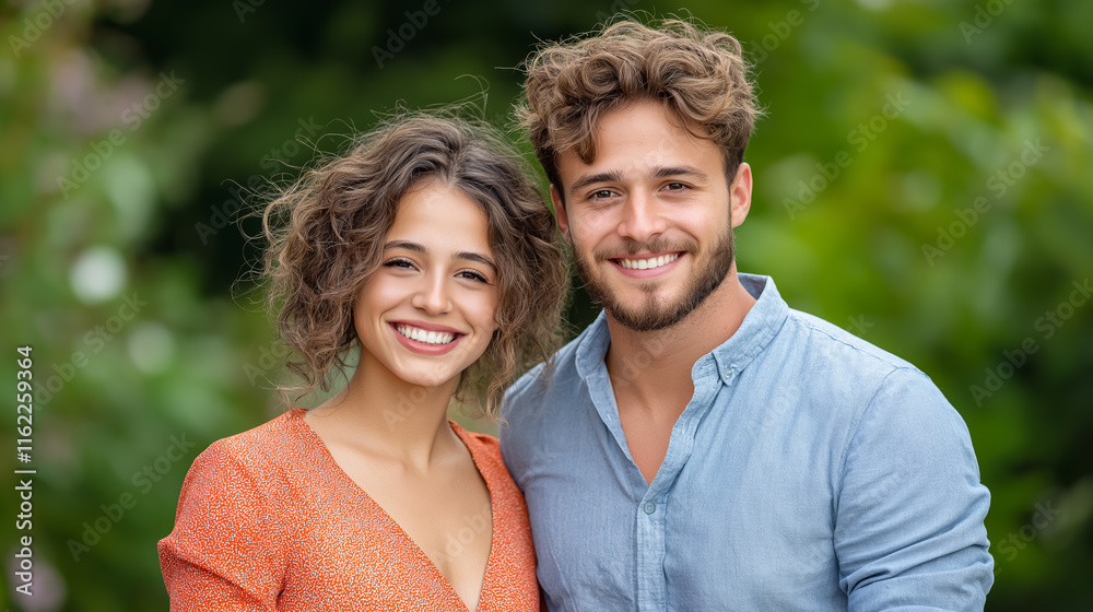 Smiling couple outdoors surrounded by greenery Smiling couple outdoors surrounded by greenery