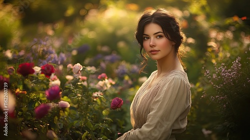 Woman in a Rose Garden at Sunset