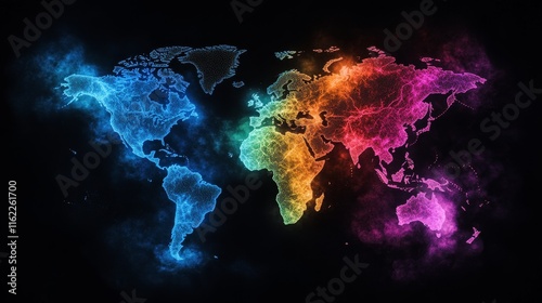 Global Network Connections - World map, vibrant, interconnected, technology, global communication. Symbolizing connection, technology, globalization, data flow, and network.