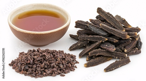 shot of copaiba balsam, emphasizing the thick, syrupy consistency and amber color. Isolated on a white background. | 