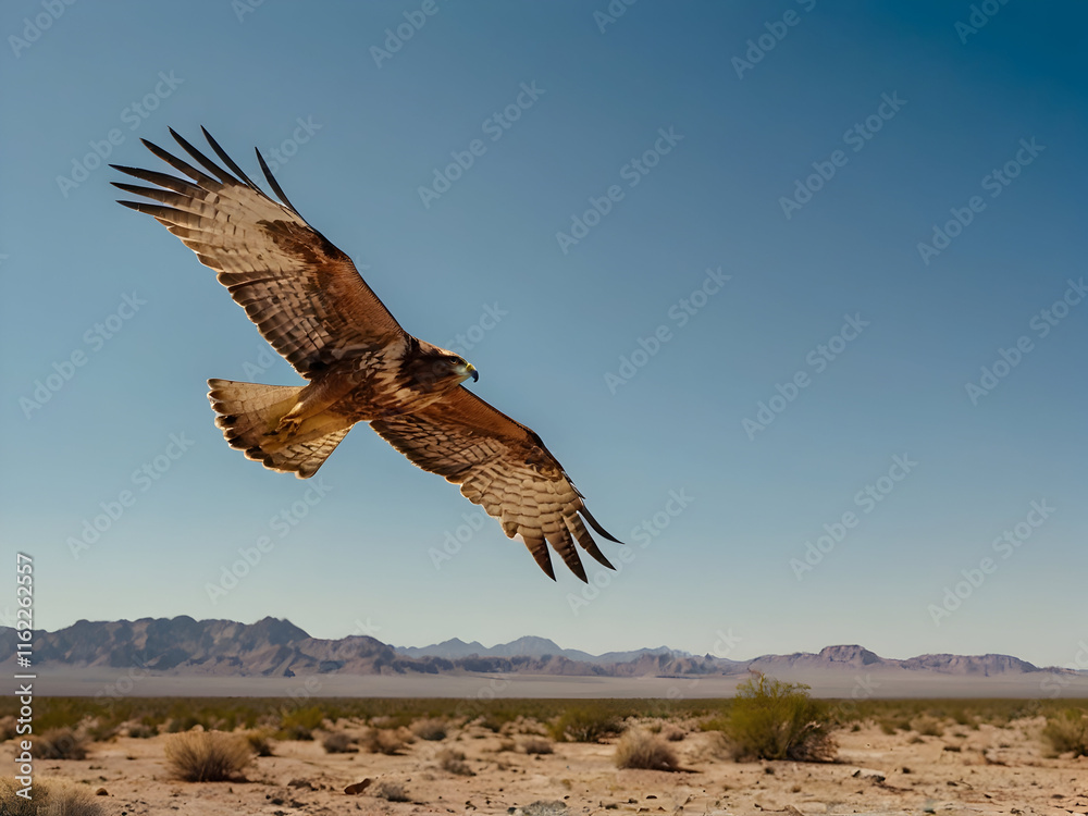 Naklejka premium Summer Birds of Prey Soaring Over Drylands: A lone hawk soaring high above a barren, sunlit desert expanse, scanning the arid ground below for prey under the summer sky.