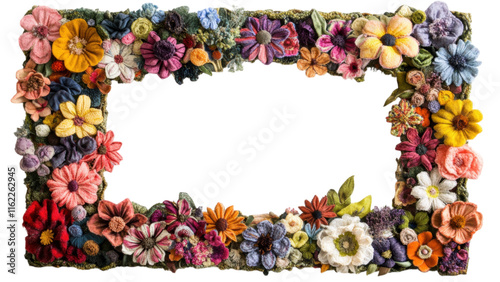 Floral Fabric Frame, vibrant clusters of fabric flowers create a striking square pattern against a clean white backdrop, ideal for decor or display. photo