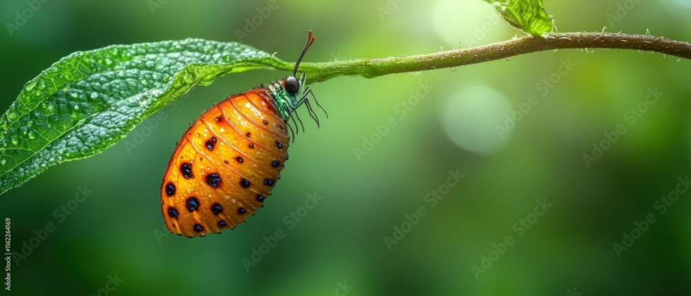Close-up of a pupa hanging from a green leaf. Close-up of a pupa hanging from a green leaf.
