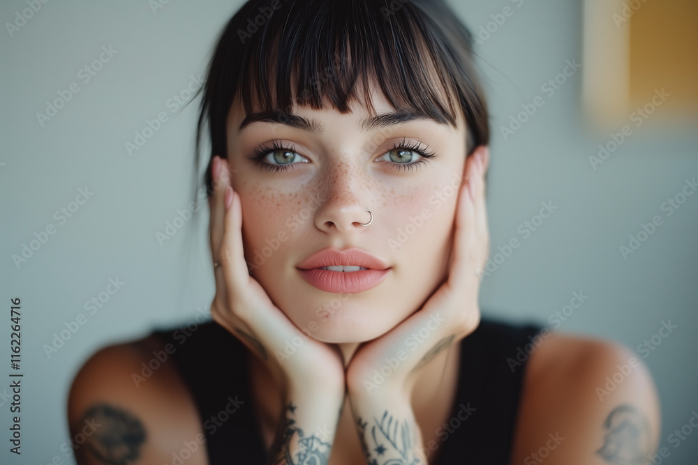 Portrait of a confident pinup girl showcasing her unique style with striking tattoos and captivating eyes in a modern, bright indoor setting Portrait of a confident pinup girl showcasing her unique style with striking tattoos and captivating eyes in a modern, bright indoor setting