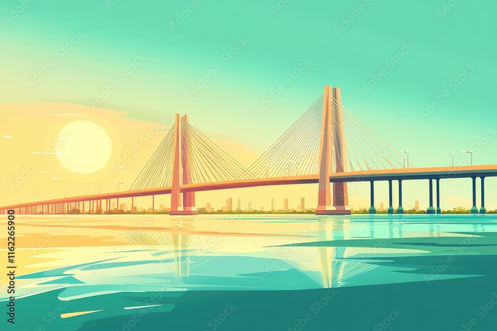 Fototapeta premium A vibrant sunset view of a suspension bridge reflecting on calm waters, evoking tranquility and wonder.