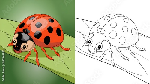 Colorful and Outline Ladybug on a Leaf – Illustration and Coloring Page photo