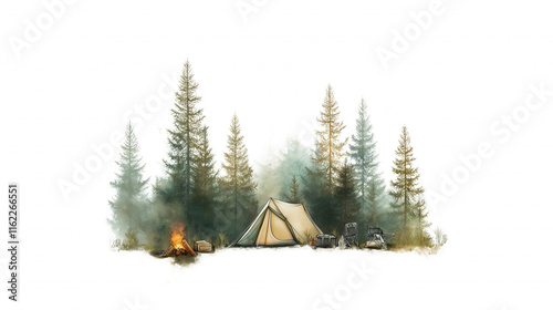 A tent is set up in the woods with a fire nearby