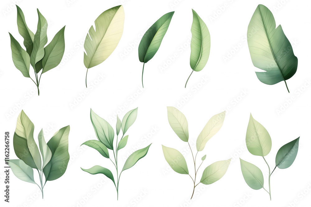 Naklejka premium A set of green leaves with some of them being larger than others