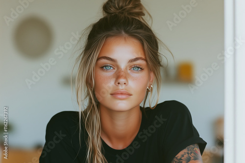 Stunning girl with tanned skin and captivating blue eyes poses gracefully indoors in a cozy, well-lit environment