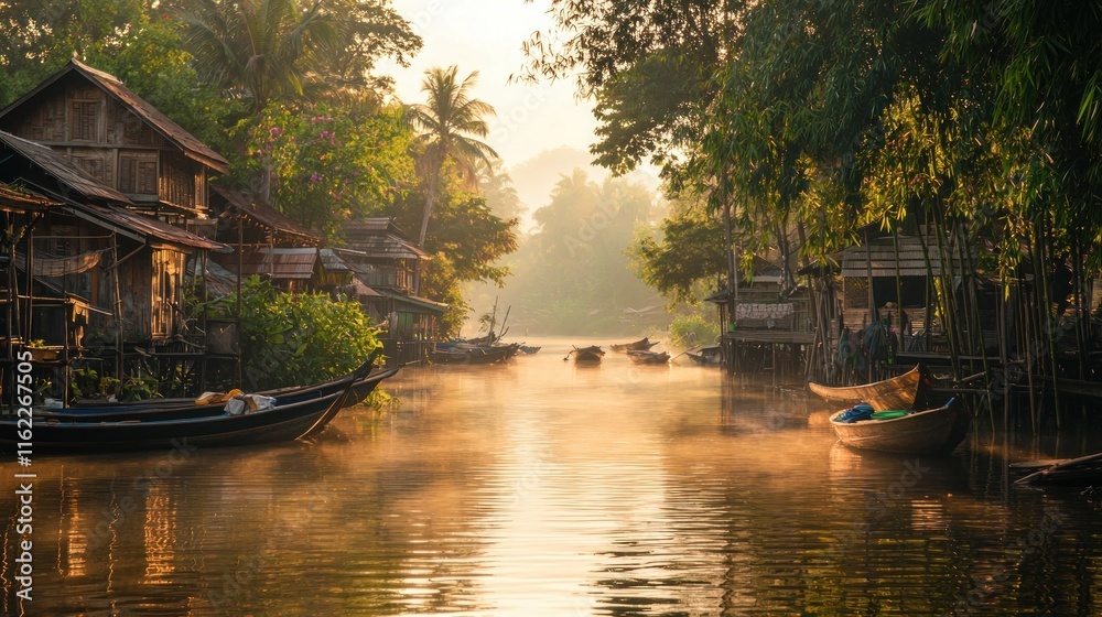 Fototapeta premium Serene riverside village at sunrise with misty waters.