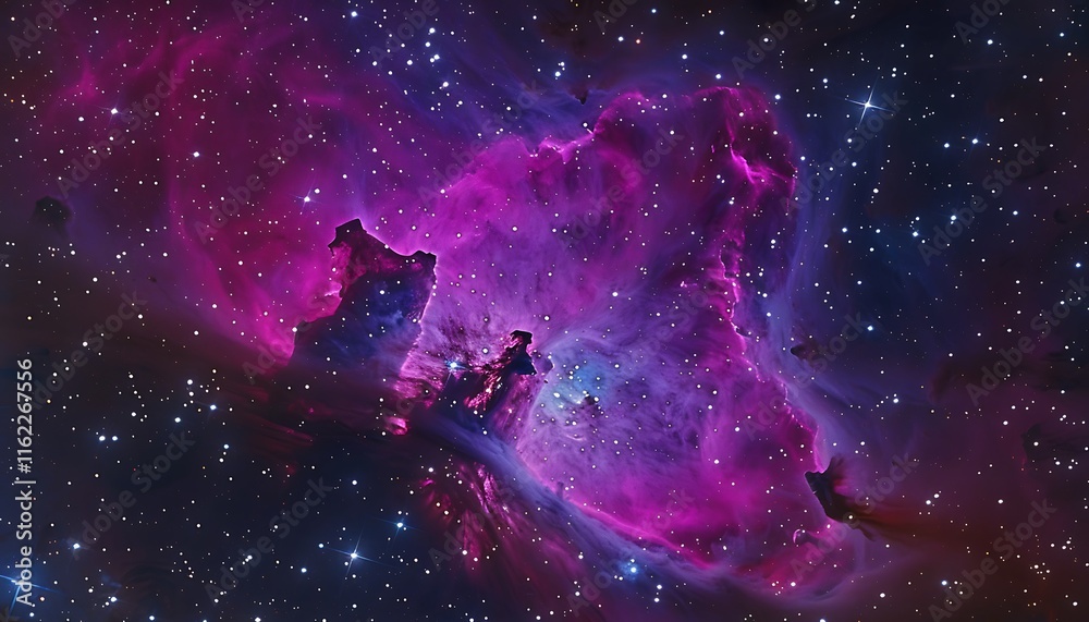 Fototapeta premium Pink and purple nebula, starry space background, high detail, sharp focus, HD camera quality.