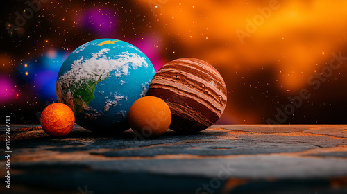 Colorful planets in cosmic scene with vibrant background and textures. image features Earth, Jupiter, and other celestial bodies, creating sense of wonder and exploration