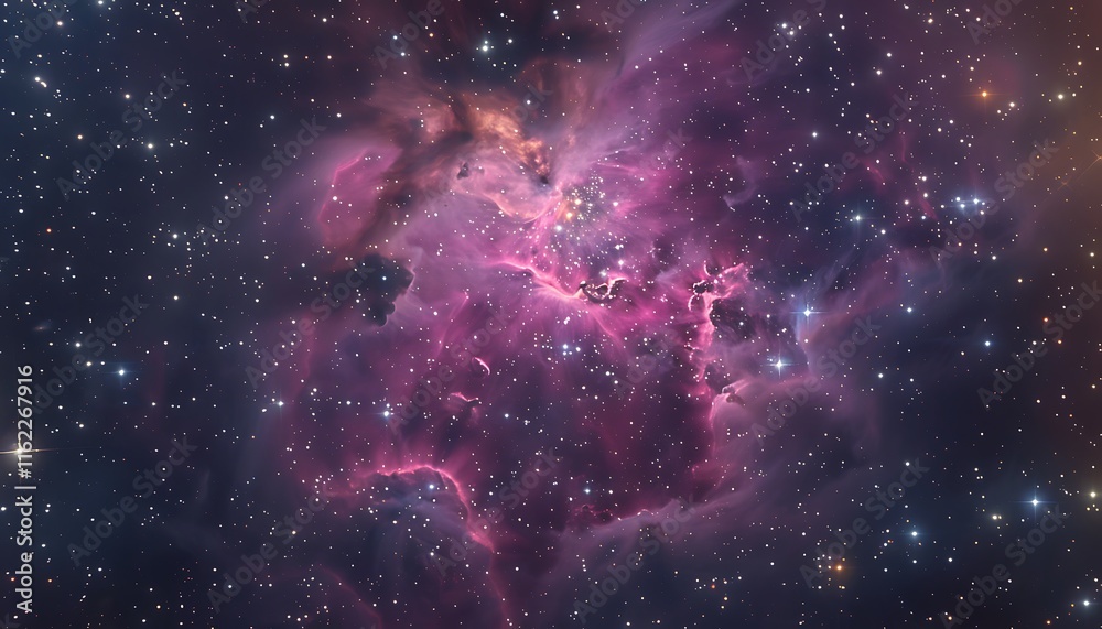 Obraz premium Radiant nebula with pink and purple tones, stars dotting the space around it.