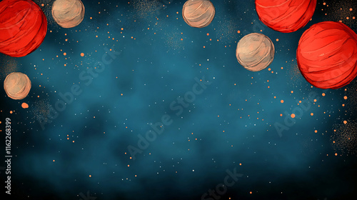 Artistic illustration of colorful spheres in cosmic background, featuring red and beige orbs against deep blue space filled with stars and glowing particles photo