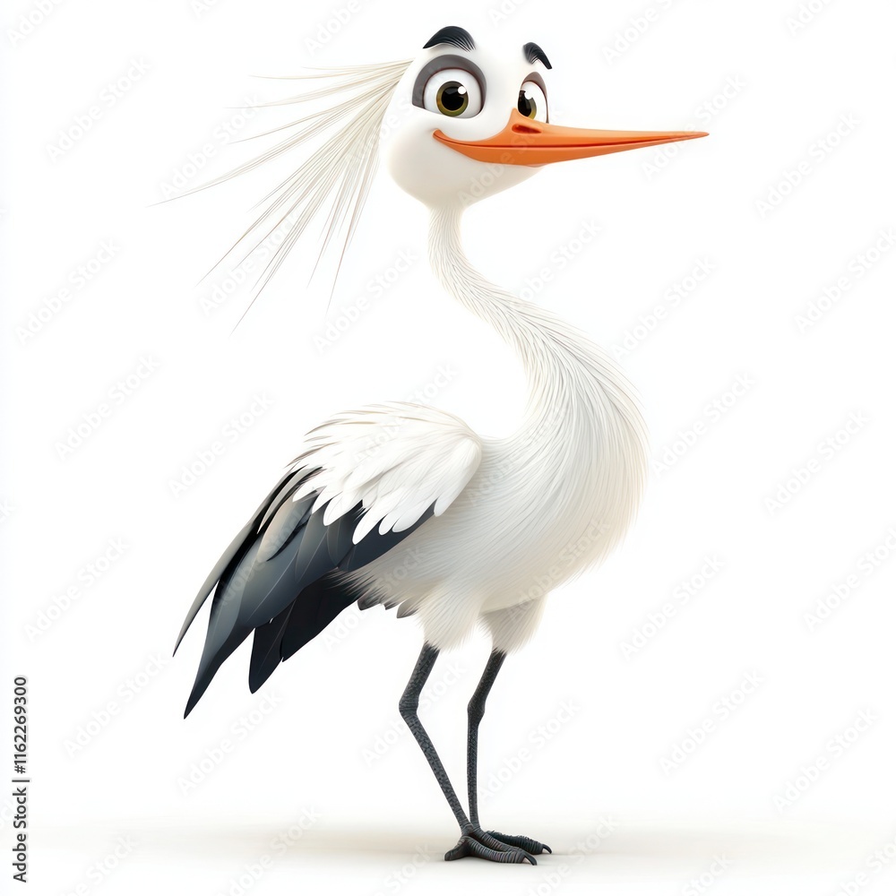 Cute Crane with a friendly face and extended arm. vector style art 3d illustration Isolated on White Background
