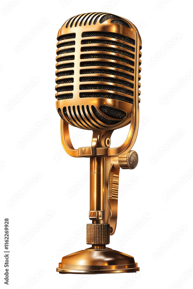 Fototapeta premium A microphone with a gold finish is displayed on a white background