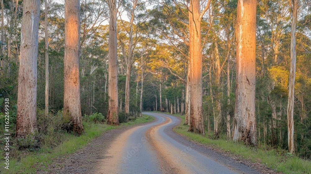 Fototapeta premium Winding road through tall eucalyptus trees at sunset.