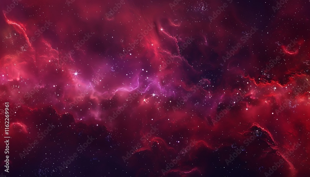 Fototapeta premium Red and purple nebula clouds, stars, dark fantasy space background, banner design.