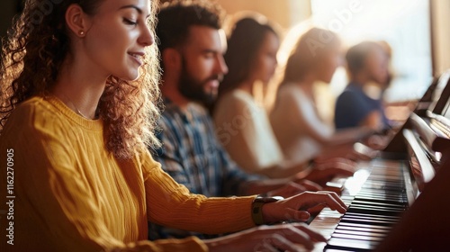 Young Woman Playing Piano in a Group Lesson