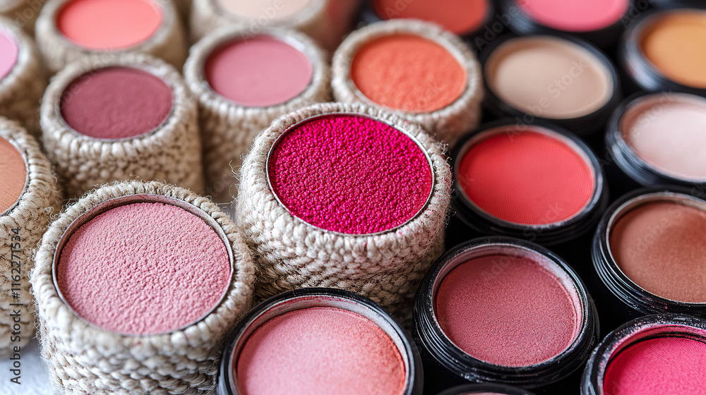 Eye shadows in pink and orange tones in woven and plastic textured containers, highlighting an artisanal and vibrant aesthetic. Generated with AI.