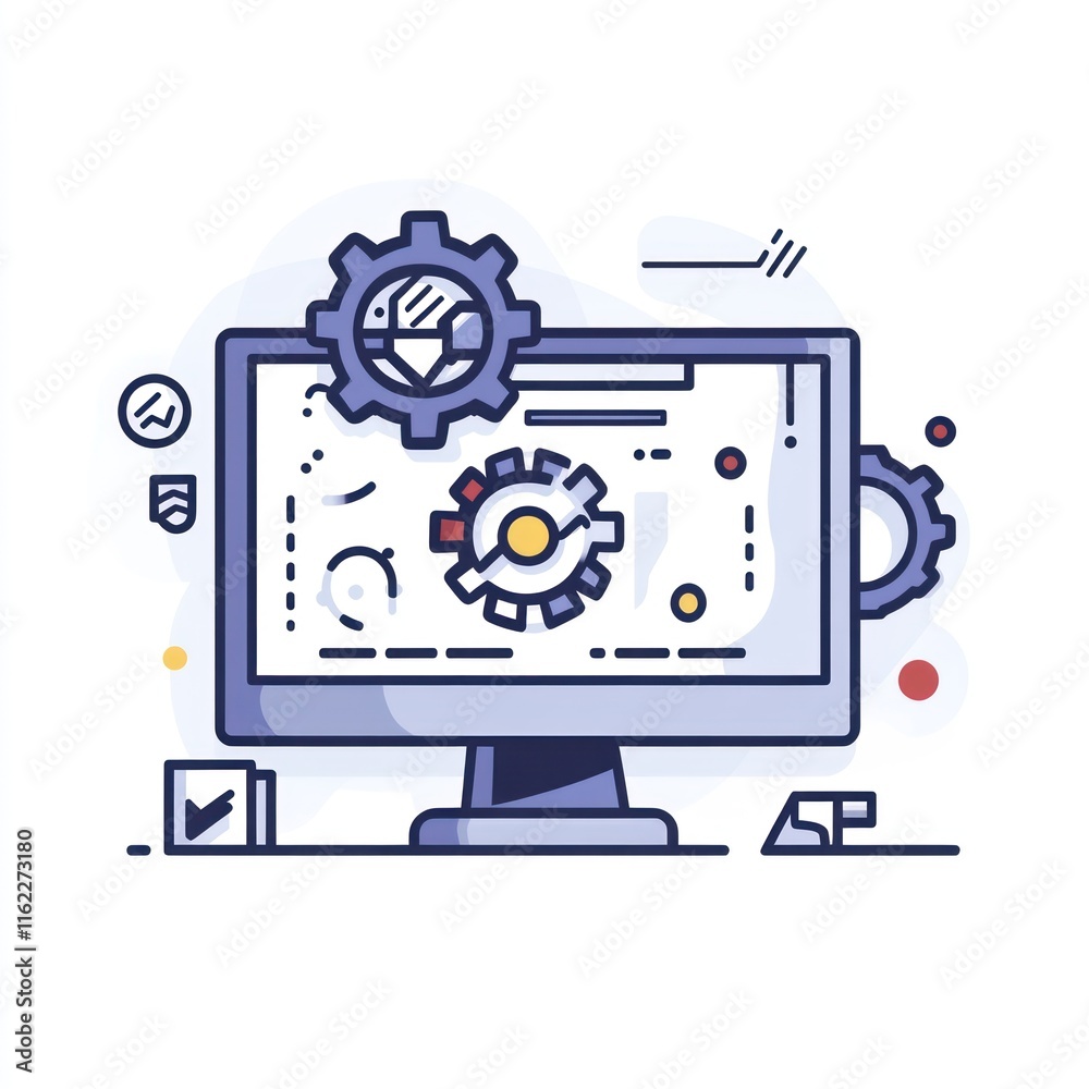 Computer screen displaying gears, charts, and data analytics.