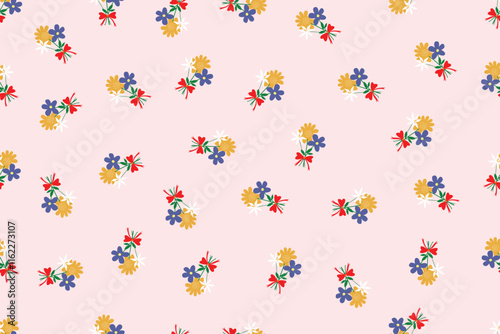 Seamless floral pattern, liberty ditsy print | White daisy flowers | Yellow Groovy flower | Design for pillow, blanket, rug, carpet, fabric, fashion, clothing, wallpaper, accessory