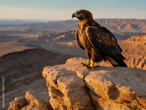 Majestic Eagles Perched Above Arid Landscapes: A golden eagle perched atop a rugged rock formation, surveying the vast desert below, bathed in the golden hues of a summer evening. photo