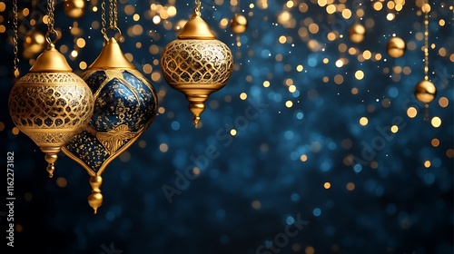 Elegant Gold and Blue Ornaments Hanging Against a Dark Background photo