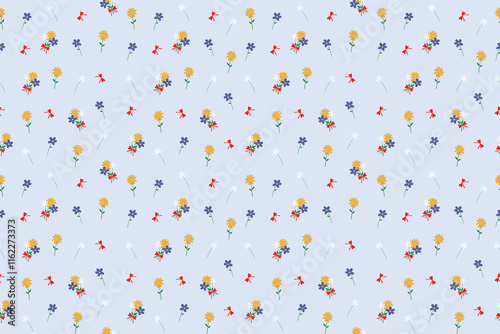 Seamless floral pattern, liberty ditsy print | White daisy flowers | Yellow Groovy flower | Design for pillow, blanket, rug, carpet, fabric, fashion, clothing, wallpaper, accessory photo