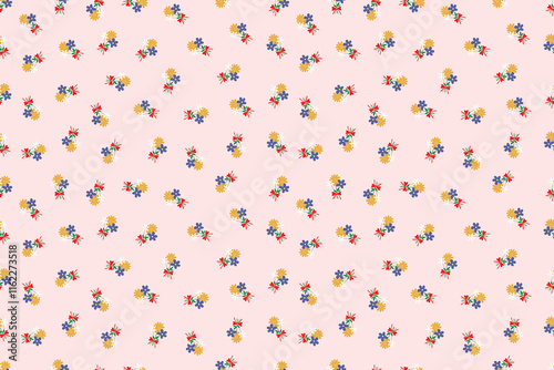 Seamless floral pattern, liberty ditsy print | White daisy flowers | Yellow Groovy flower | Design for pillow, blanket, rug, carpet, fabric, fashion, clothing, wallpaper, accessory photo